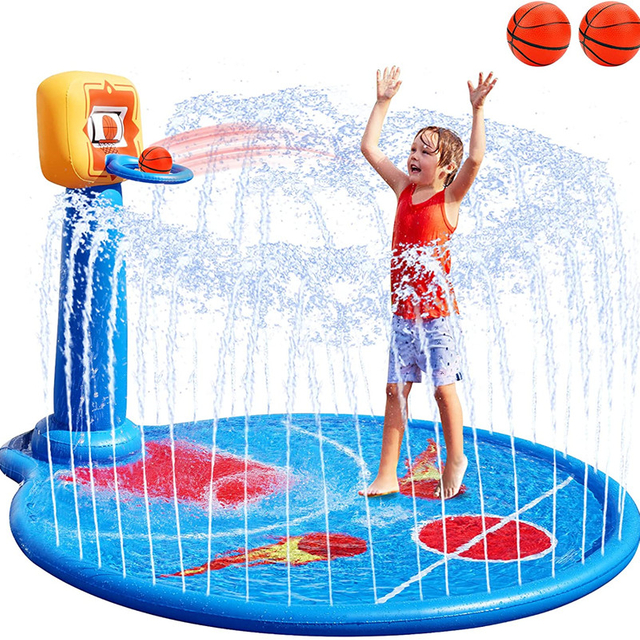 Splash Pad for Kids Sprinkler Mat with Basketball Hoop& 2 Small Basketballs