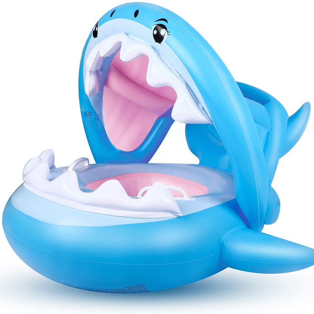 Baby swimming ring inflatable sharks seat baby boat swimming aid with sun protection for children from 6 to 36 months