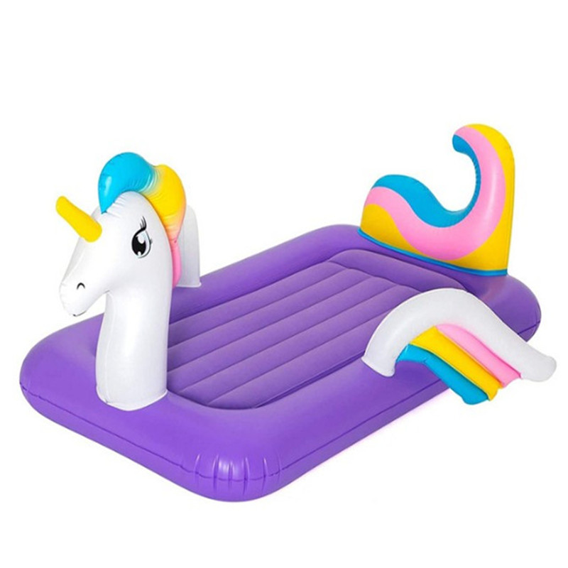 High Quantity Comfortable Flocking Inflatable Unicorn Shaped Kids Airbed With Frame Durable Folding Portable Child Camping bed